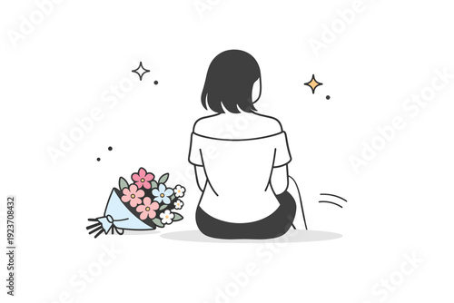 Women photographed from behind with bouquets. Woman seated with back turned, bouquet resting beside her. Stillness, reflection, quiet emotional