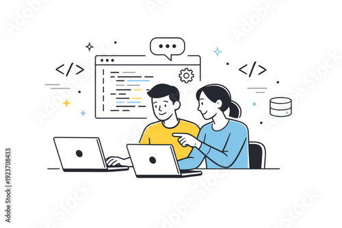 Developers coding together. Two developers sit side by side with laptops, reviewing code on screens and discussing solutions. The scene feels collaborative,