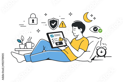 Digital privacy daily habits. Evening routine with a person reviewing privacy reports or security alerts on a tablet, relaxed posture and calm atmosphere.
