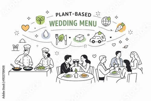 Plant-based wedding menu. Chefs preparing vegan dishes while guests interact at tables, abstract floating icons and lines representing healthy, sustainable