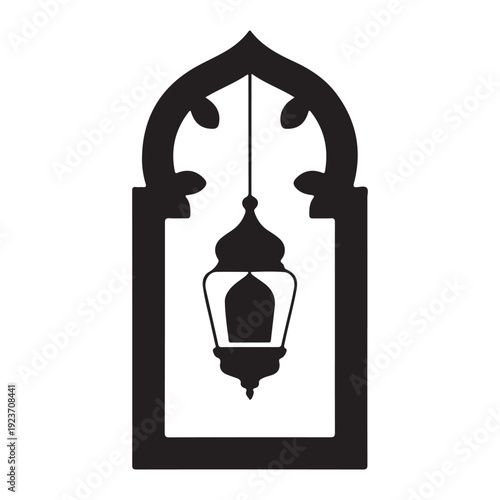 Minimal black and white Islamic window niche with hanging lantern for Ramadan Kareem branding artwork