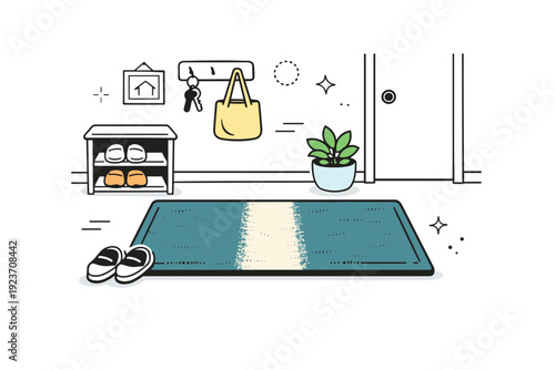 Carpets worn paths. Entryway rug with one clearly faded strip where shoes regularly step, surrounded by tidiness and stillness. Suggestion of entrance rituals