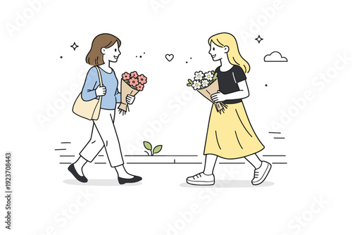 Women meeting outdoors with flowers. Women approaching each other on a sidewalk, flowers visible in hands. Casual encounter, gentle happiness and everyday