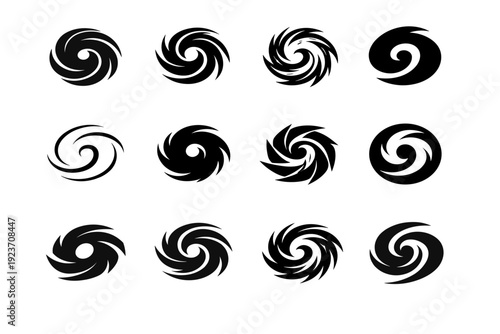Hurricanes. Icon set. Set Logo of Hurricanes: spiral storm vortex. harmonious logo variations of the same emblematic concept, each with different artistic