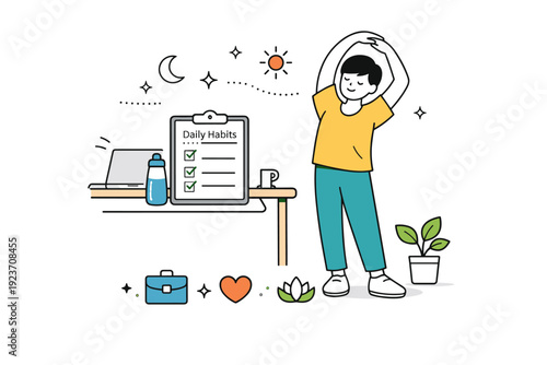 Healthy productivity habits. A person stretching or taking a short break beside a desk with a checklist and water bottle. Balanced routine combining work,
