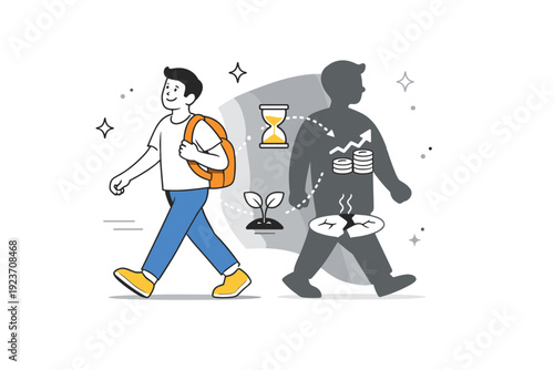 Delayed consequences. A character moving forward confidently while a shadowy effect appears later behind, with subtle icons showing cause and