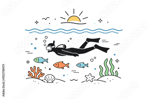Snorkeling near the shore. Abstract editorial scene with swimmer silhouette, fish icons, waves, and sun rays gently floating. Relaxed coastal exploration and