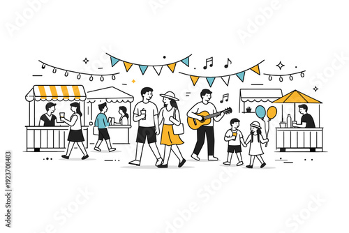 Late spring festivals. People walking between small outdoor stalls with flags and lights, enjoying warm weather together. Light festive mood
