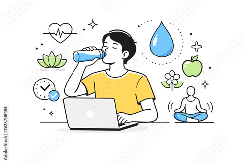 Hydration and wellness. A person drinking water while working at a laptop, small water drop and wellness icons floating, calm and balanced mood. Minimalist