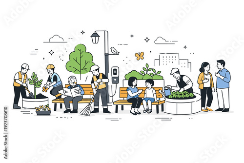 Urban renewal project. Workers and citizens interacting around new street furniture and greenery in a public area. Sense of improvement, care, and thoughtful