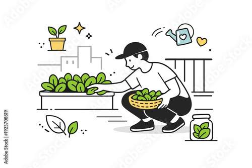 Balcony foraging moment. Person harvesting edible greens from a shared urban garden on a balcony or rooftop, soft abstract icons of leaves, containers, and