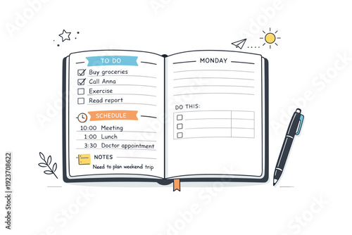 Half-used planners. Open paper planner showing filled and blank sections side by side, pen resting nearby. Quiet snapshot of unfinished intentions with calm
