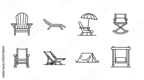 Outdoor Furniture and Camping Icons: Chairs, Tent, Swing, Umbrella - Line Art