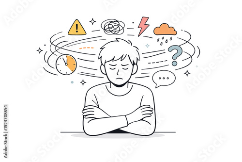Stressful thoughts. A person sitting with crossed arms while abstract lines and icons circle around the head, symbolizing anxiety and mental noise. Controlled