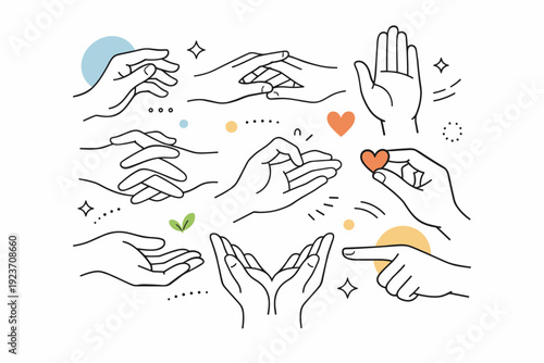 Human hands collage. Collection of hands in different calm gestures arranged in a balanced composition. Expressive communication, subtle