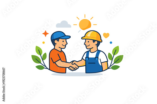 Workers celebration spring calm appreciation moment showing a handshake framed by leaves and soft sun accents, expressing solidarity, respect, and positive