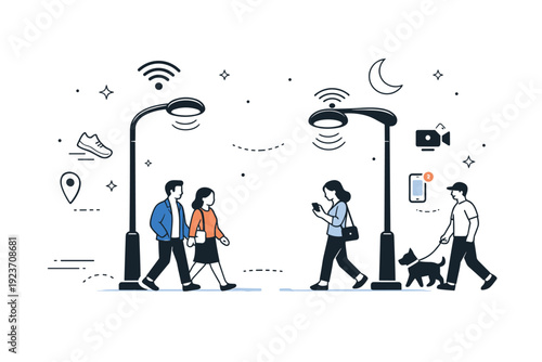 Smart street lighting. Pedestrians walking under lamp posts with subtle motion and sensor icons floating, calm and safe urban night scene. Minimalist flat