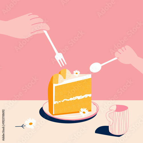 Hands of a mother and child sharing a slice of simnel cake for a cute, loving family moment on Mothering Sunday or Mothers Day, celebrating care and connection by eating a sweet spring treat together