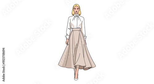 Elegant illustration of a woman walking gracefully in a high-neck white blouse and a flowing long beige midi skirt.