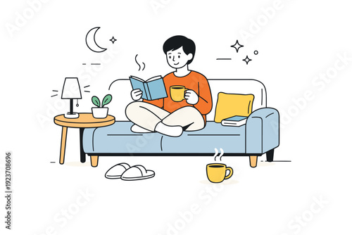 Quiet home moments. Person sitting on a sofa with a book and a cup of tea. Calm evening atmosphere, slow reading and gentle rest after the day. Minimalist flat