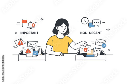 Work alert prioritization routine. A character sorts notifications into important and non-urgent categories, represented by simple icons and