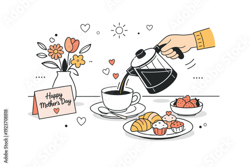 Mother?s Day morning coffee. Person pouring coffee with small pastries and flowers on the table, calm and cheerful mood. Clean editorial-style visual