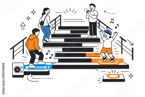 Interactive stairwell experience. Urban staircase with light-reactive art or sound-triggering steps. Playful engagement, multisensory city design, soft motion