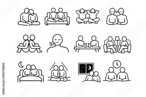 Shared Relaxation. Line icon set of Shared Relaxation: leaning together pose, crossed legs on couch, relaxed posture icon, shared silence moment,