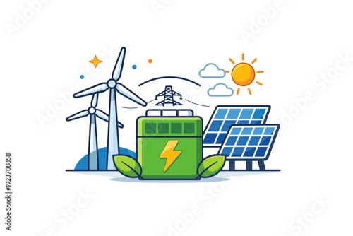 Renewable energy farms represented by a balanced mix of wind, solar and battery icons in one cohesive scene, communicating energy transition and smart power
