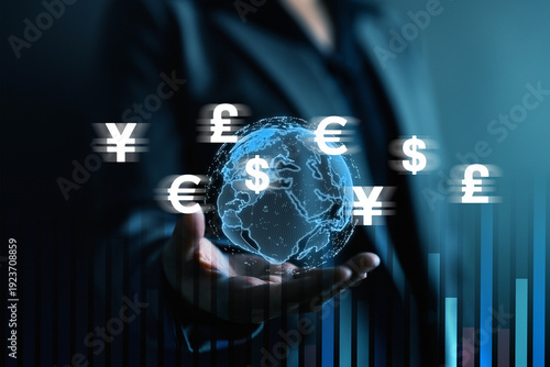 Bild auf Leinwand Global currency exchange concept with digital globe and floating dollar, euro, pound and yen symbols, forex trading, international finance, cross border payments and global investment growth