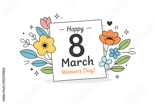 Floral March greeting illustration. A modern floral composition with abstract blossoms and leaves surrounding a greeting card, symbolizing