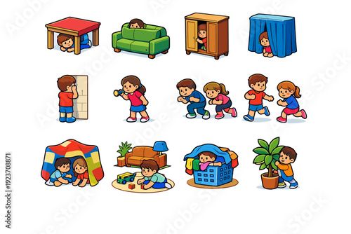 Indoor Hide and Seek. Colorful isometric vector icons set of Indoor Hide and Seek: hiding under table, hiding behind sofa, peeking from closet, hiding behind