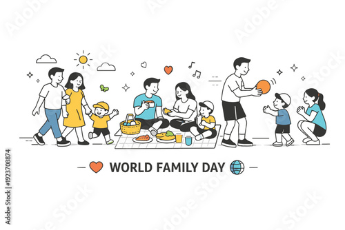 World Family Day activities. A friendly outdoor or indoor scene with families walking, playing, or sharing a meal together. The mood feels lively yet calm,