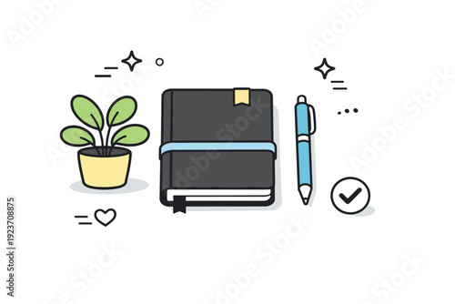 Workday wrap-up rituals. A tidy desk with a closed notebook, pen aligned, and a soft plant nearby symbolizes completion and readiness to disconnect. The