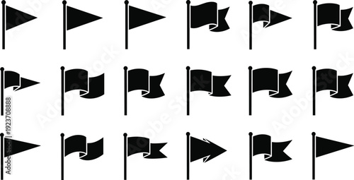 Flag Silhouette Vector Set with Waving Banner and Pennant Icons Isolated Black Collection for Navigation and Marker Design
