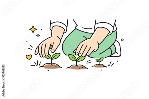 Hands touching new leaves. A person kneeling to touch small plants emerging from the ground, hands central in the scene. Early growth and mindful observation.