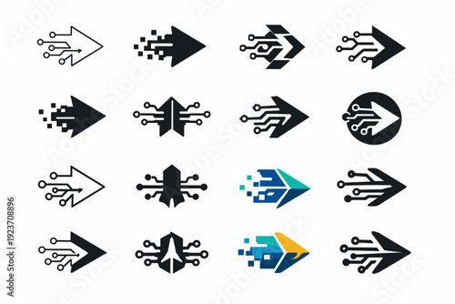 Digital transformation. Icon set. Set Logo of Digital transformation: pixelated arrow morphing into circuit. harmonious logo variations of the same emblematic
