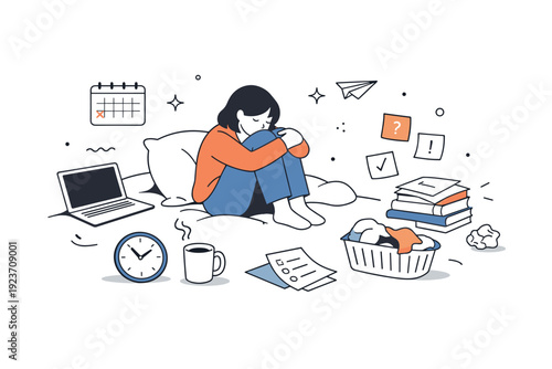 Unproductive time visuals. A person curled up in bed or sitting with knees pulled close, surrounded by undone items or notes. The scene conveys withdrawal,