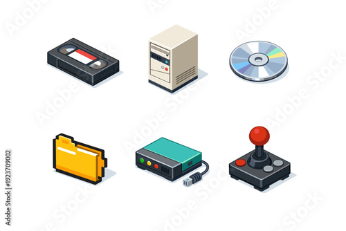 Retro tech. Isometric flat vector icons set of retro tech: VHS tape, old PC tower, CD-ROM, pixelated folder icon, dial-up modem, joystick controller. Arrange