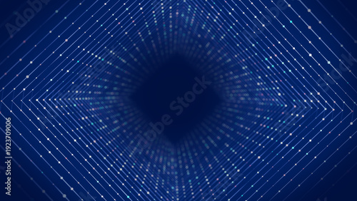 Abstract blue digital tunnel background with glowing dots and diagonal lines. Futuristic technology network vortex. Big data visualization. Depth perspective. Copy space in center.
