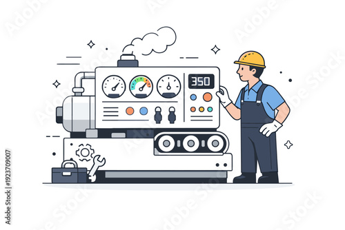 Industrial mechanics and machine operators. A focused operator stands beside a large industrial machine, monitoring gauges and controls. The scene conveys