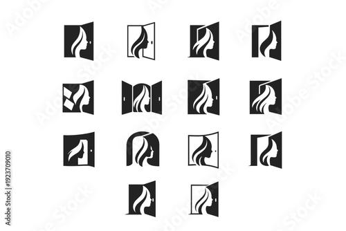 Hair salon door open. Icon set. Set Logo of Hair salon door open: open door with hair silhouette. harmonious logo variations of the same emblematic concept,
