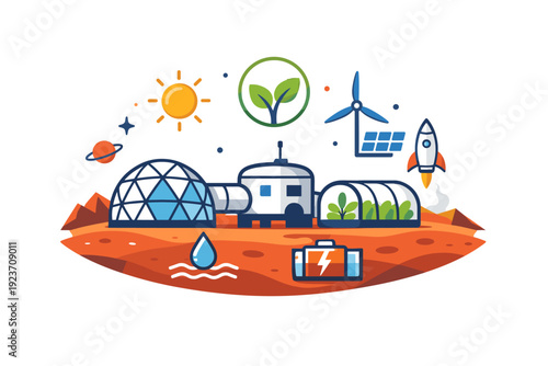 Mars colonization plans focused on sustainable living and self-sufficient habitats in space. A clear visual metaphor combining a Mars surface,