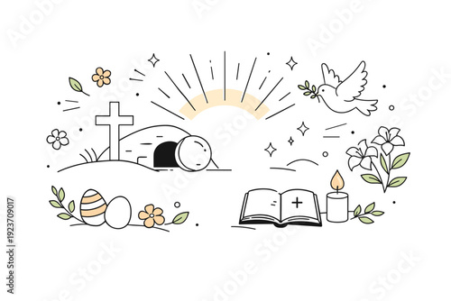 Spring religious holiday backgrounds. Editorial-style abstract scene with soft floral shapes, gentle light rays, and symbolic elements suggesting renewal and