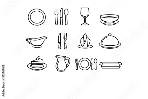 Feast Tableware. Line icon set of Feast Tableware: large serving plate, cutlery set, wine glass, soup bowl, gravy boat, carving knife, napkin fold, dish lid,