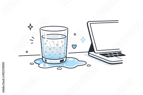 Condensation close-ups. Glass of water beside a laptop on a desk, puddle beginning to form underneath from soft condensation. Quiet detail showing time passing