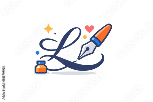 Typography in calligraphy celebrating expressive letterforms and handcrafted elegance. A compact visual metaphor with a flowing script letter drawn by a pen