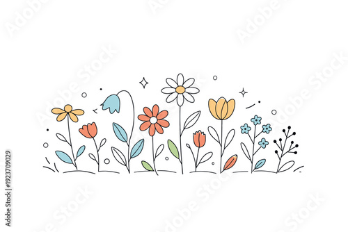 Boho spring florals ? wildflower mix. Simplified wildflowers with uneven heights and organic curves, expressing spontaneity and gentle movement. Abstract