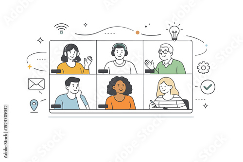 Online meeting overview. Calm editorial scene with people connected through laptops in a virtual meeting grid. Balanced communication, focused attention,