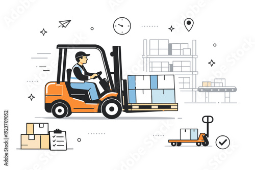 Warehouse and distribution operators. A forklift driver moving pallets in a spacious, organized warehouse environment. Calm motion and structured industrial